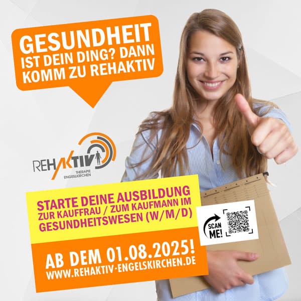 Starte am 01.08.2025 deine Ausbildung im Gesundheitswesen bei Rehaktiv Engelskirchen. Jetzt bewerben oder weitersagen – wir freuen uns auf dich!
