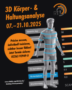Person während einer 3D-Körperanalyse mit dem SCANeca-System bei Rehaktiv Engelskirchen – exakte Messung von Haltung und Körperwerten.